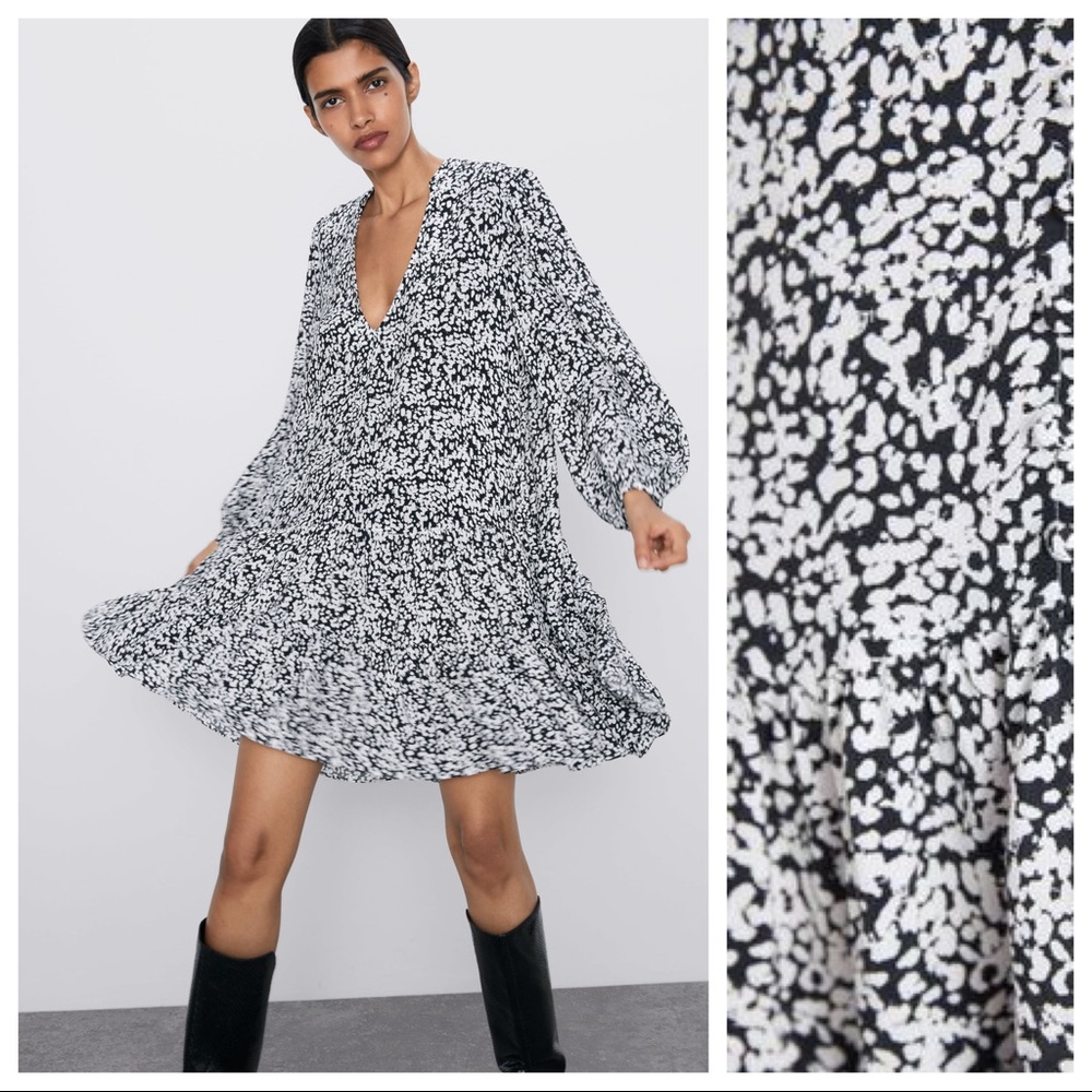 NWT. Zara Black/White Print Mini Dress. Size XS.